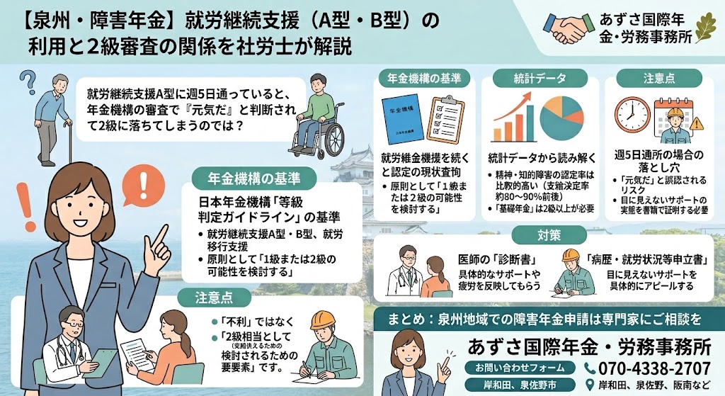 【泉州の障害年金相談】就労継続支援A型・B型で働きながら2級は受給できる？社労士が解説