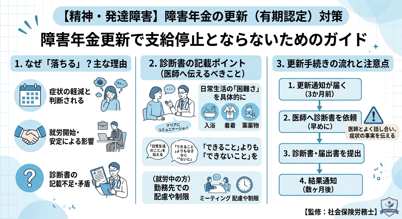 うつ病などの障害年金更新で「落ちた（支給停止）」とならないための対策と診断書のポイント