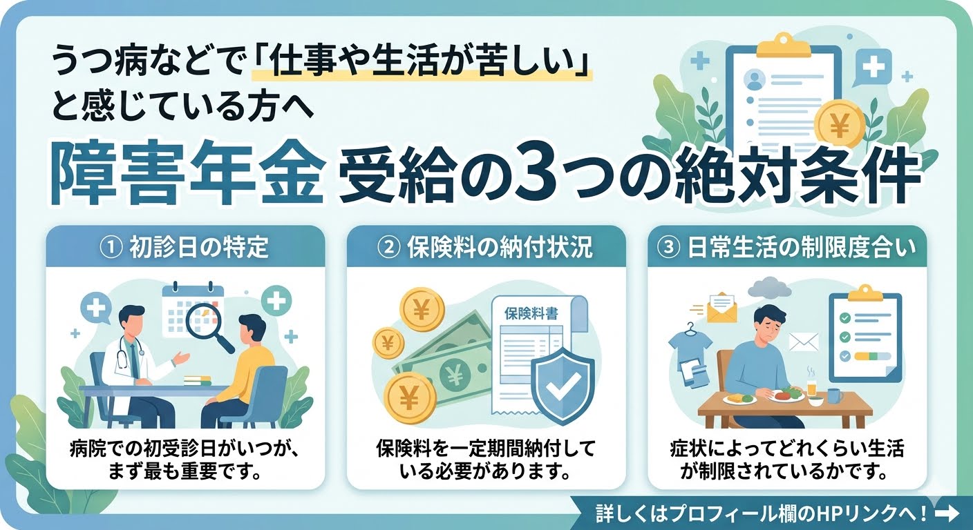 うつ病で仕事生活が苦しい方へ。障害年金をもらう3条件と等級目安